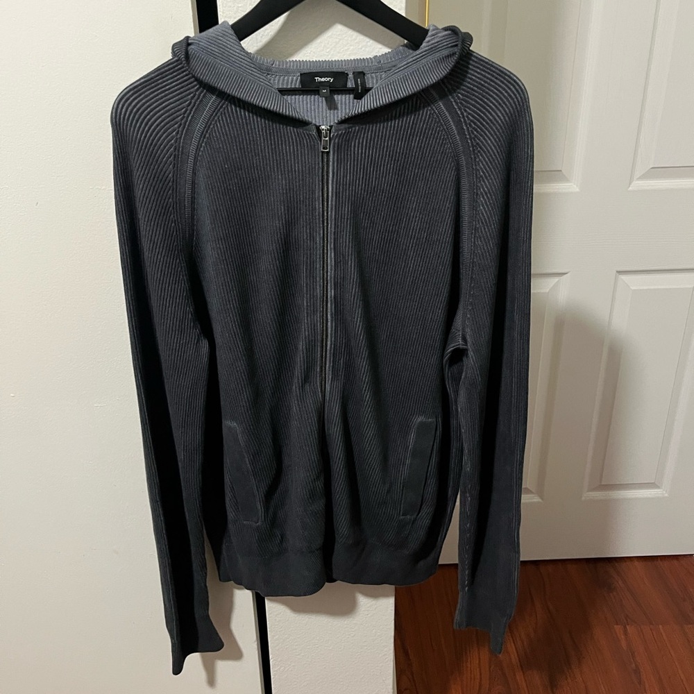 Theory Men's Charcoal Zip-Up Ribbed Hoodie Sweater